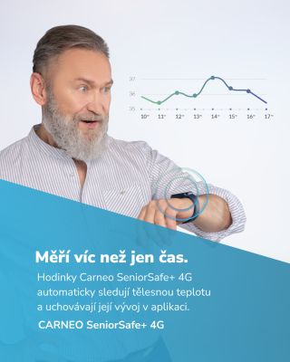 Měří víc než jen čas. Carneo SeniorSafe+ 4G sleduje tělesnou teplotu, tep i tlak, abys měl jistotu, že je vše v pořádku....